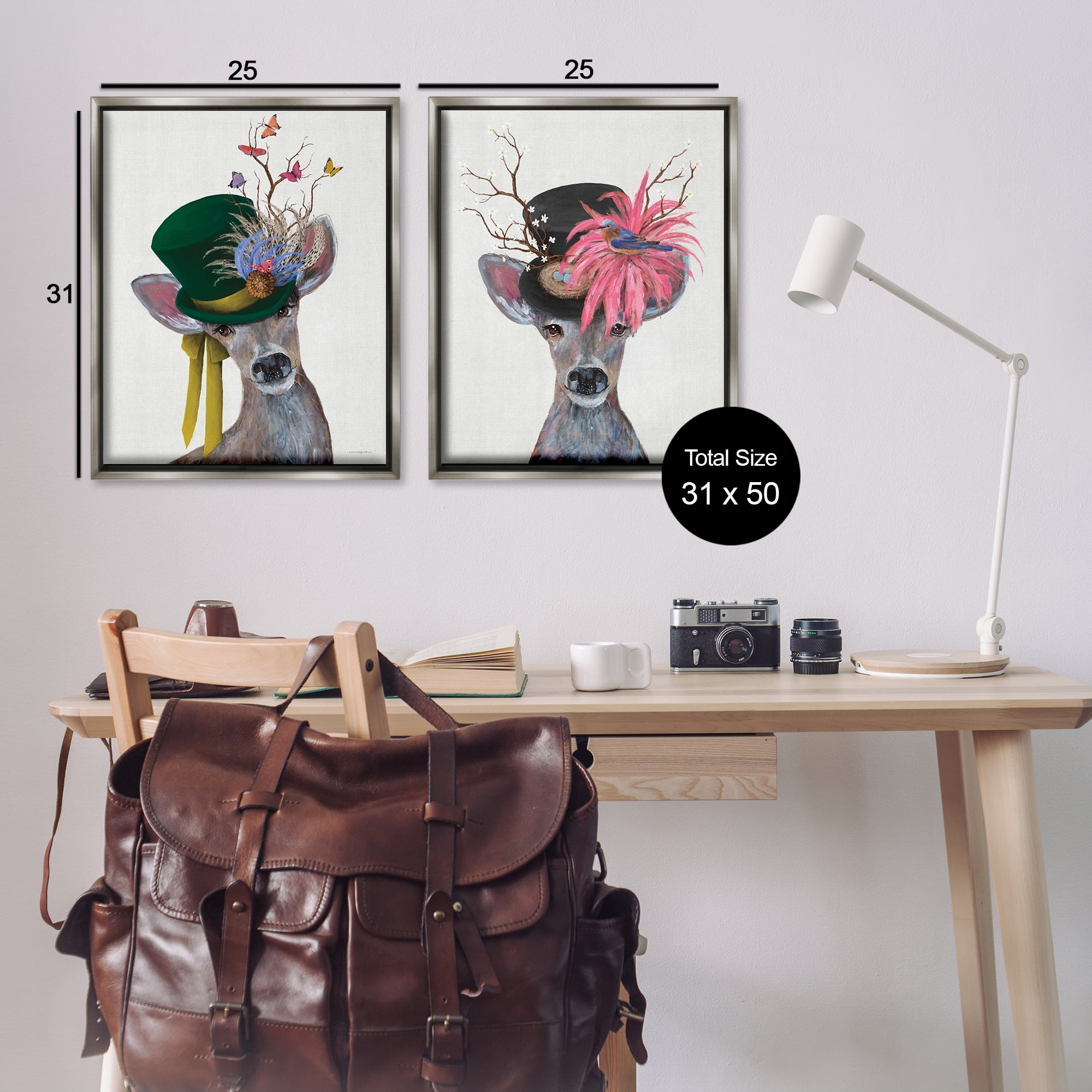 Stupell Industries Dapper Deer Floral Top Hat Animals Painting Gray Floater Framed Canvas Art Print Wall Art, 31 x 25, Set of 2