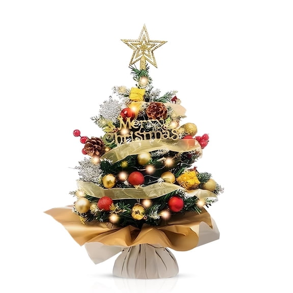 Tabletop Christmas Trees with Lights, Small Christmas Tree with Star Treetop and Ball Ornaments for DIY Christmas Decoration, 2ft