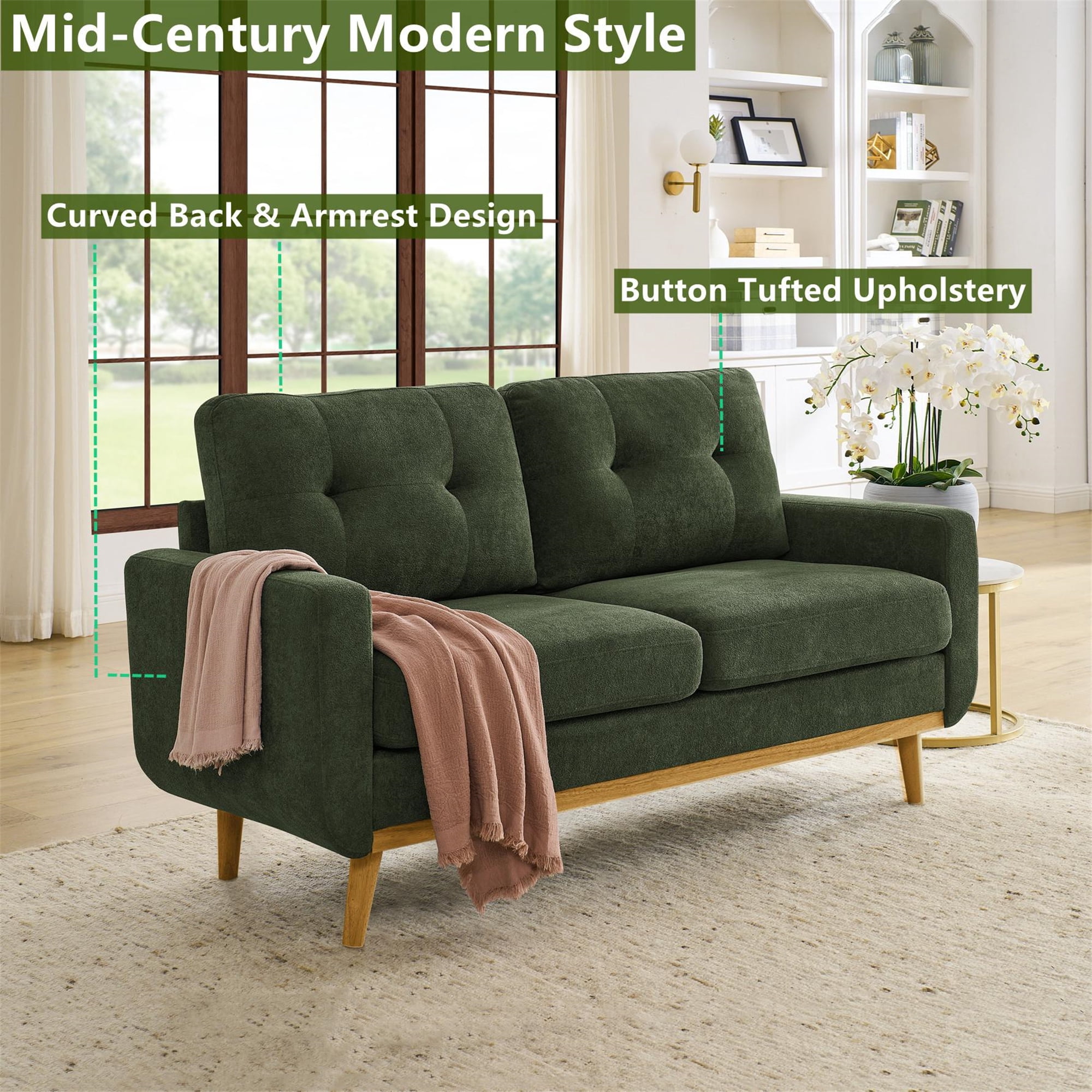 Aukfa 68" Small Sofa Couch Comfy Mid Century Modern Loveseat Sofa for Living Room Bedroom, Green