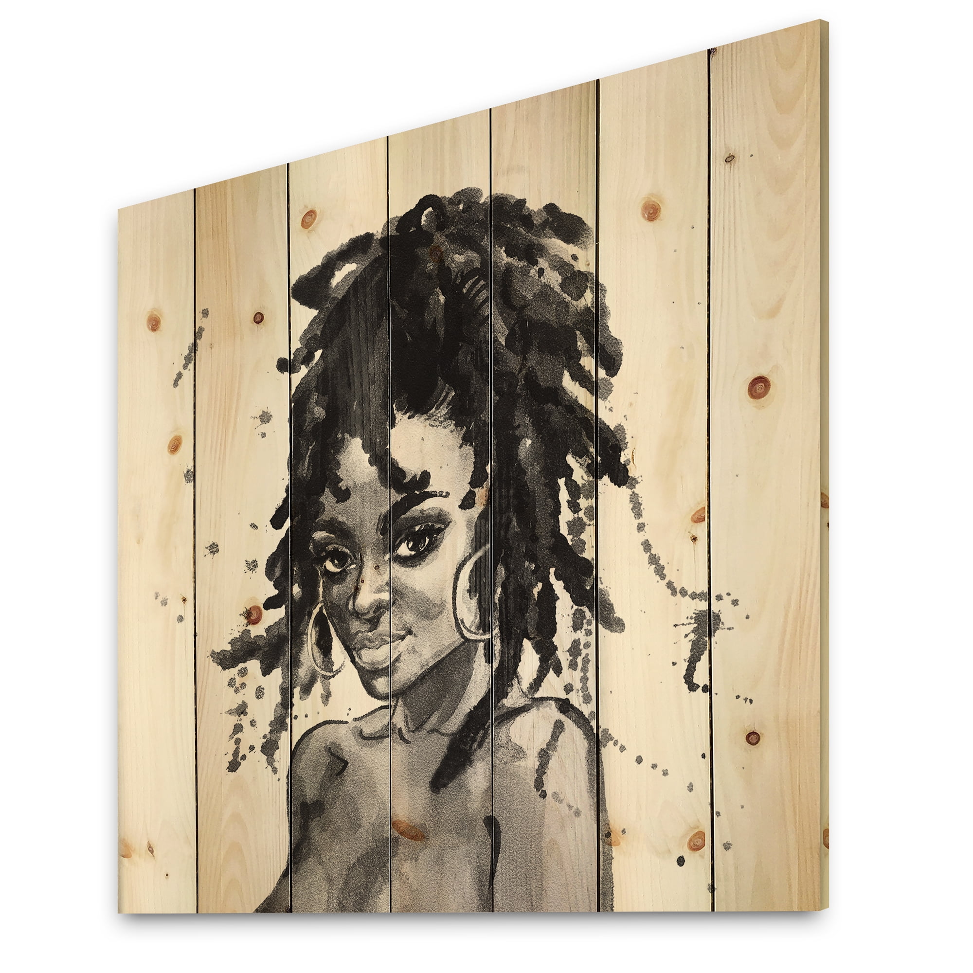 Designart 'Black and White Portrait of African American Woman II' Modern Print on Natural Pine Wood