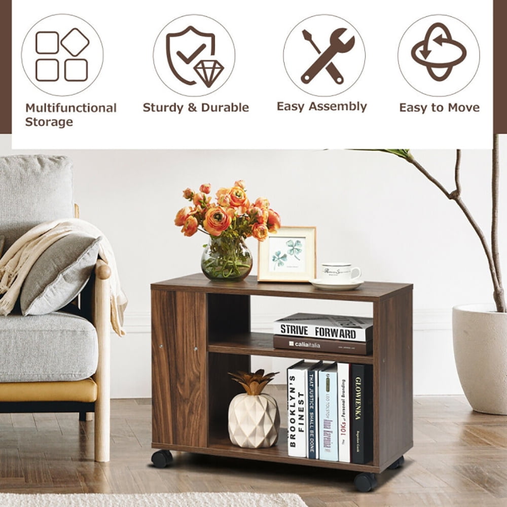 Finihen Side Table, Multifunctional 3-Tier Side Table with Wheels and Large Storage Shelf, for Living Room, Bedroom, Brown