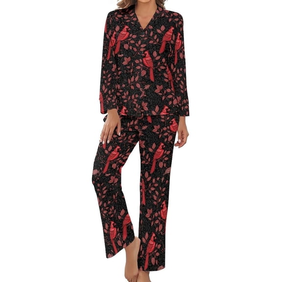Top-kevin Women's Pajama Sets Red Birds Dark Long Sleeve Lounge Sets Pjs Sleepwear with Pockets