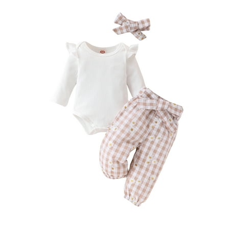 

CocMouse Baby Girl Fall Outfit Ribbed Romper Checkerboard Pants Headband Belt