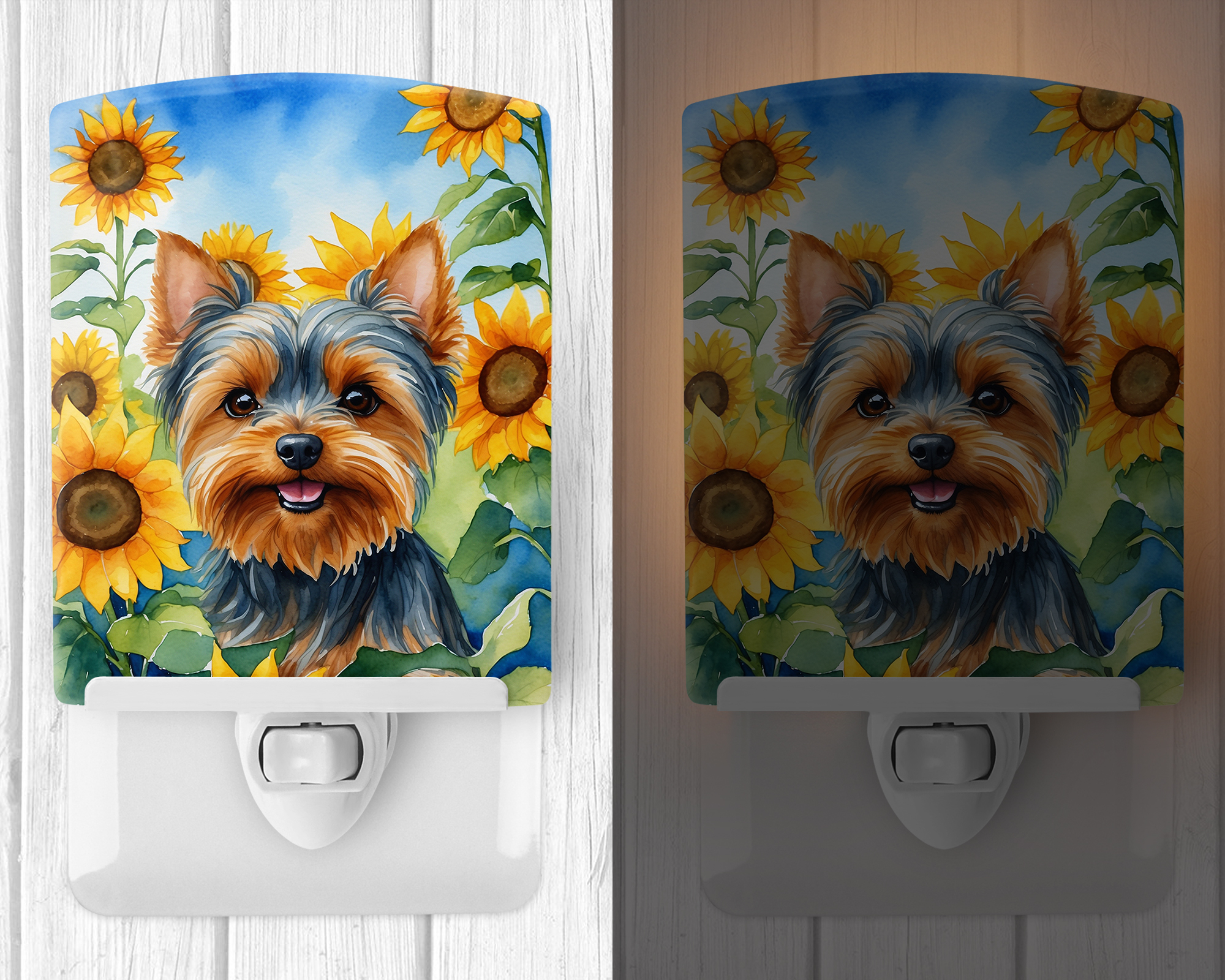 Yorkshire Terrier in Sunflowers Ceramic Night Light 4 in x 6 in