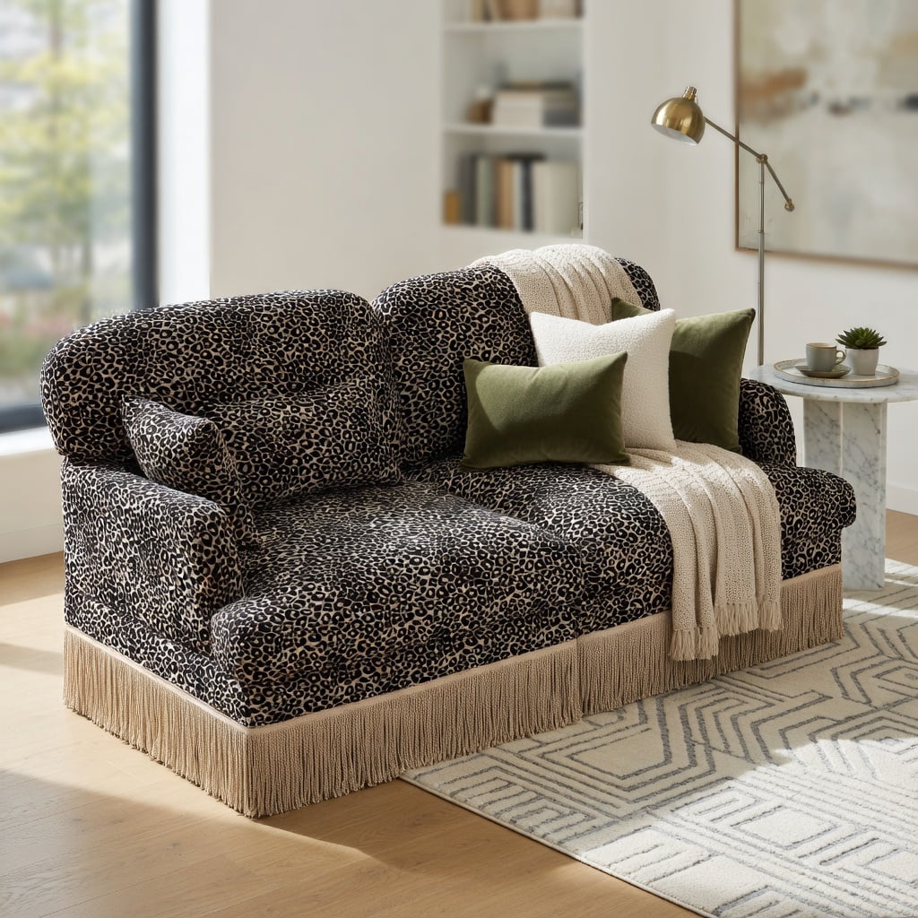Hommoo 2-Seat Leopard Print Chenille Loveseat Sofa with Tassel Trim, Modular Sectional Couch for Living Room, Easy Assembly, Ergonomic Deep Seat Design, khaki