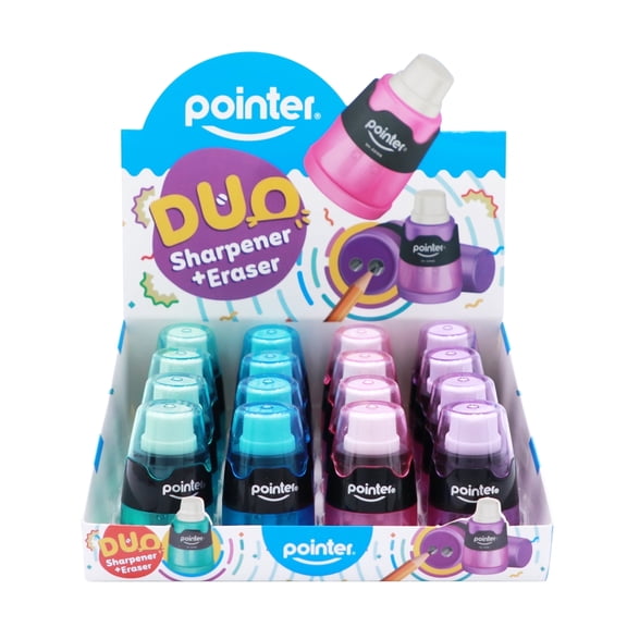 Pointer DUO Manual Pencil Sharpener, Single-Hole with Built-In Eraser, Assorted Colors, 16 Count