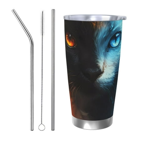 

Susaid Red And Blue Fire Cat Print 20oz Car Cup Insulated Coffee Cup Fully Spill Proof Travel Coffee Mug Stainless Steel Tumbler for Work Home Outdoor Car-Straw Three-piece Set
