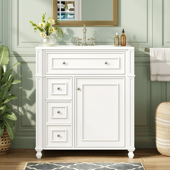 Harper & Bright Designs 30" White Bathroom Vanity with Sink, Freestanding Storage Cabinet with Soft Close Doors, Bathroom Floor Cabinet with Door Organizer