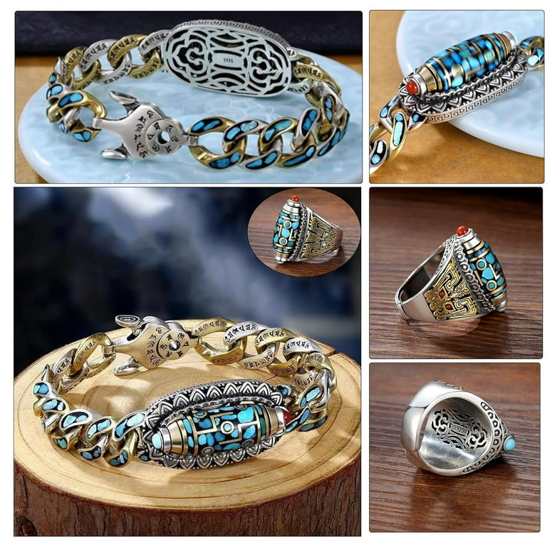 2PS Turquoise Six character Mantra Nine eyed Dzi Bead Bracelet and Ring Tibetan Style Six character Mantra Bead Bracelet Feng Shui Bracelet For Men Women 7.9in Dzi beads Walmart