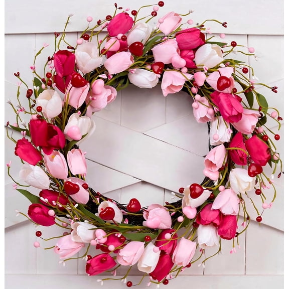 Guvpev Valentine's Day Wreath for Front Door - 20" Spring Pink Flower Wreath Valentines Day Wreath with Red Love Heart Berries Pink Tulips for Mother's Day Wedding Anniversary Holiday Decorations