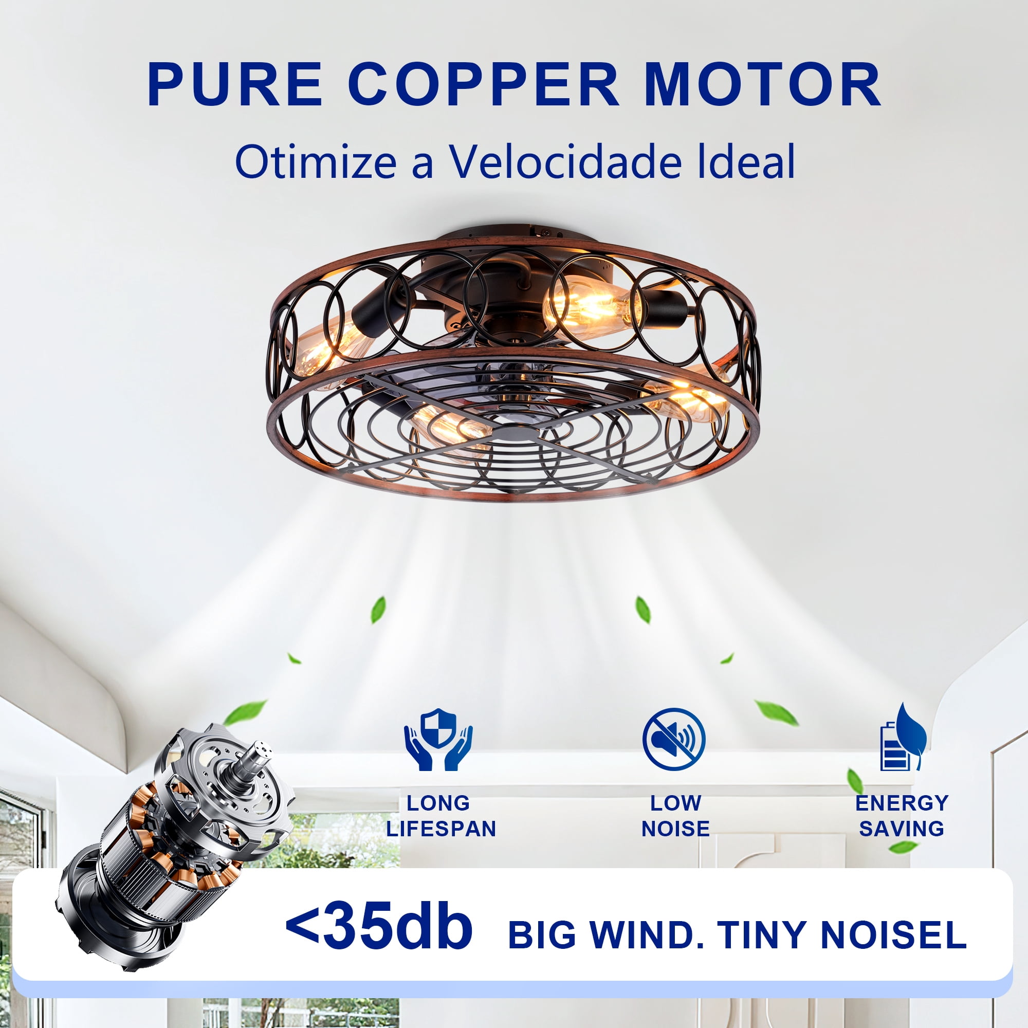 Leumius 20" Black Caged Ceiling Fan with Lights and Remote Control ,Reversible Motor, DC Remote Control,6 Speed Ceiling Fan for Living Room Bedroom Dining Room (NOT Included Bulbs)