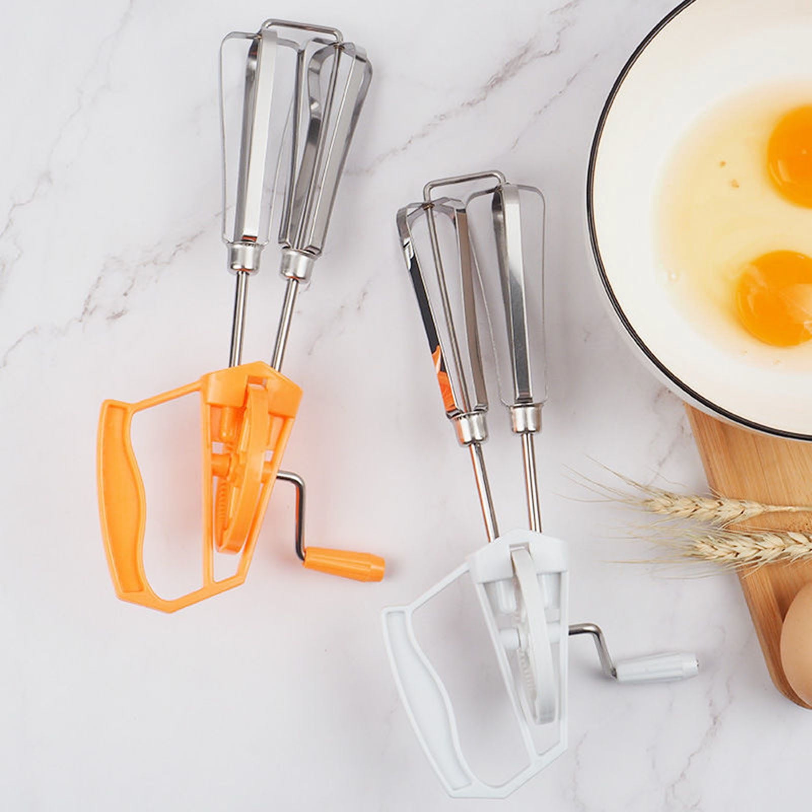 Worallymy Hand Crank Egg Beater Stainless Steel Rotary Hand Whisk Manual Egg Mixer Kitchen Cooking Tool, Size: 25.5, White