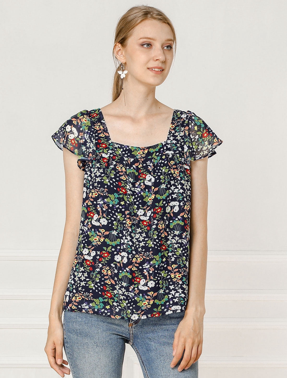 DARING DIVA Square Neck Ruffle Sleeve Chiffon Blouses 2XL Navy Blue