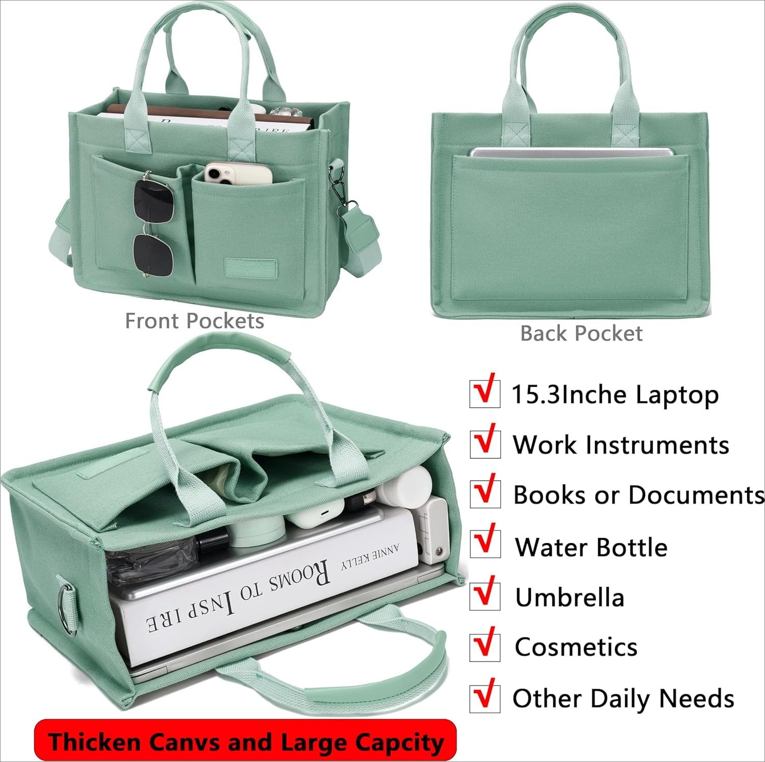 Tote Bag for Women With Compartments,Large Canvas Totes Women's Purse Crossbody Bags Work Laptop Book Bag Shoulder Handbags Green