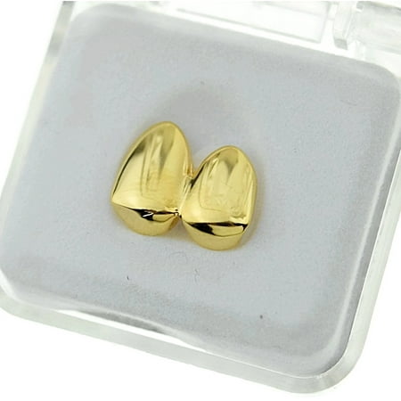 Diamond Gold Tone Grillz - 14k Gold Plated Double Two Tooth Grillz Left Side 2-Tooth Caps Slugs Hip Hop Grills