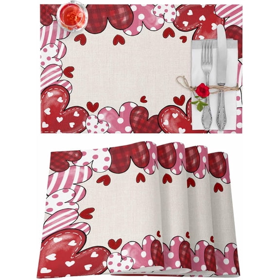 Valentines Placemats Red Pink Love Heart Valentines Day Place Mats for Dining Room Spot Stripe Buffalo Plaid Washable Table Mats for Kitchen Dining Decorations Set of 6