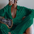 thumbnail image 1 of Txlixc Blusa de botón femenino, lentejuelas brillantes, manga larga, color sólido, gran solapa Txlixc moda, 1 of 4