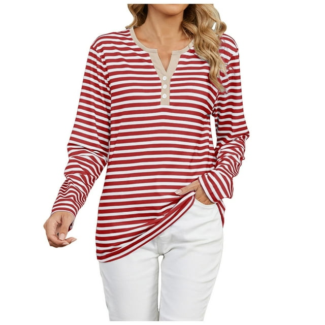 T-shirt pour Femmes, Col en V Boutonné, Manches Longues, Imprimé Rayé, Tuniques, Blouses, T-Shirts Rouges G