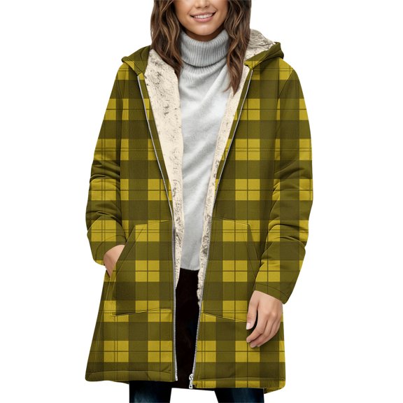 Long Plaid Jackets For Women Hooded Full Zip Sherpa Lined Cardigan Fleece Thermal Winter Outwear With Pockets (XL, Yellow-A)