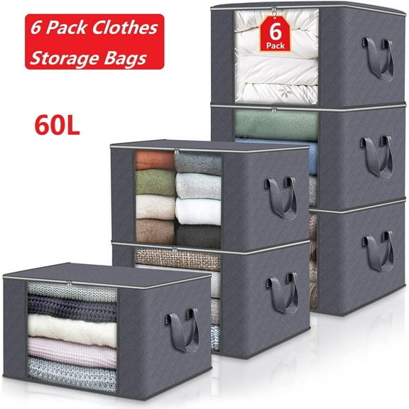 6 Pack Clothes Storage Bag Bin with Lid Handle Clear Window, 60L Foldable Closet Organizers Storage Containers for Clothing, Blanket, Comforter, Toys, Pillows, Clothes, Gray