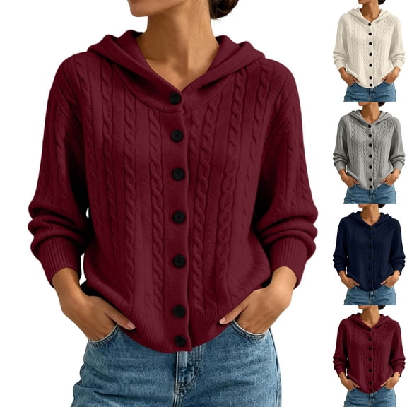 Women's Hooded Cable Knit Cardigan Button Down Long Sleeve with Pockets Casual Sweater