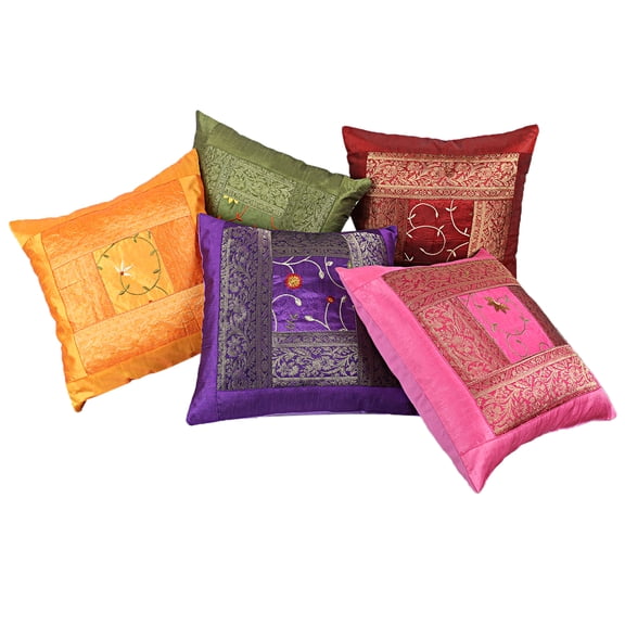 Stylo Culture Indian Polydupion Home Decor Throw Pillow Covers Multicolored 16x16 Bohemian Embroidered Brocade Patchwork Sofa Cushion Covers 40 x 40 cm Bedroom Floral Square Pillow Cases | Set Of 5