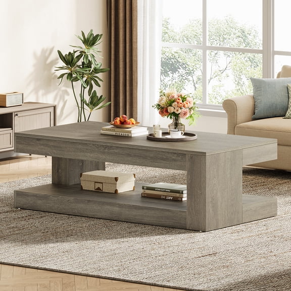 Finmind Rectangular Coffee Table for Living Room, 47.24-inch Farmhouse 2-Tier Accent Center Tea Cocktail Table with Storage, Grey
