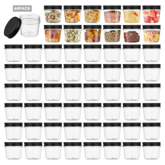Novelinks 4 oz Airtight Jars with Black Lids Plastic Food Storage Canister Clear Kitchen Jar Containers for Candy, Cookie, Rice, Coffee Beans, Snacks, Spices,60 Pack