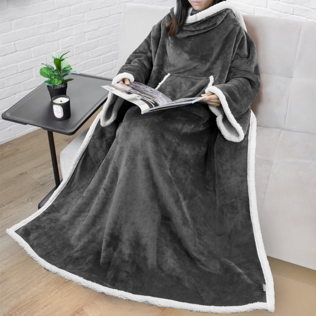 PAVILIA Premium Sherpa Fleece Blanket with Sleeves for Women Men Adult, Wearable Blanket Warm Cozy, Super Soft Thick Sleeved Throw with Arms Pocket, Gift for Women Mom Wife (Charcoal Gray)