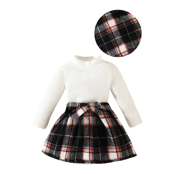 xiaxaixu Toddler Girl 3Pcs Fall Outfit Solid Color Ribbed Long Sleeve Tops Plaid Tweed Pattern Skirt Beret Set