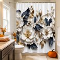 thumbnail image 3 of Cream Gold Flowers Shower Curtain Set - Long 72" x 84" Washable Bathtub Curtain with 12 Hooks, Modern Blooms Floral Navy Blue Leaves Waterproof Fabric Stall Shower Curtains for Bathroom Décor, 3 of 8