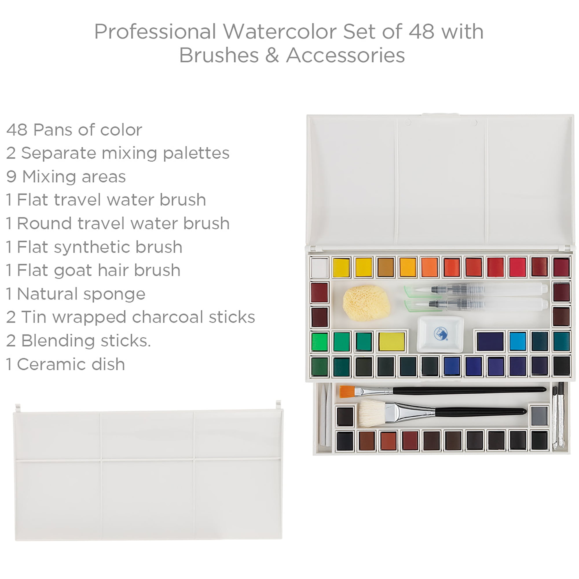 Marie's Artist Watercolor Paint Set - Professional Plein Aire Kit High Pigment & Brushes for Artsits, Painters, Students, & More! - 48 Half Pans Assorted Colors