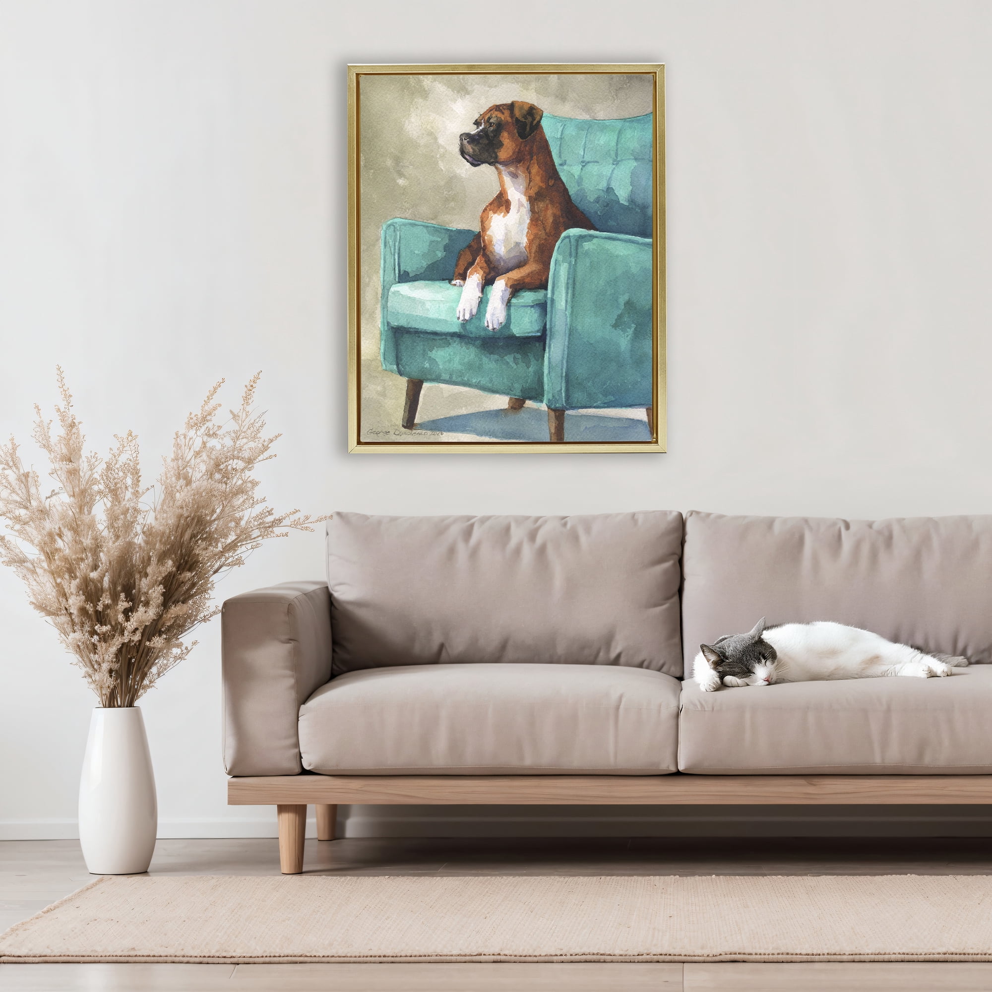Stupell Industries Majesty Boxer on Armchair Gold Framed Floater Canvas Wall Art, design by George Dyachenko