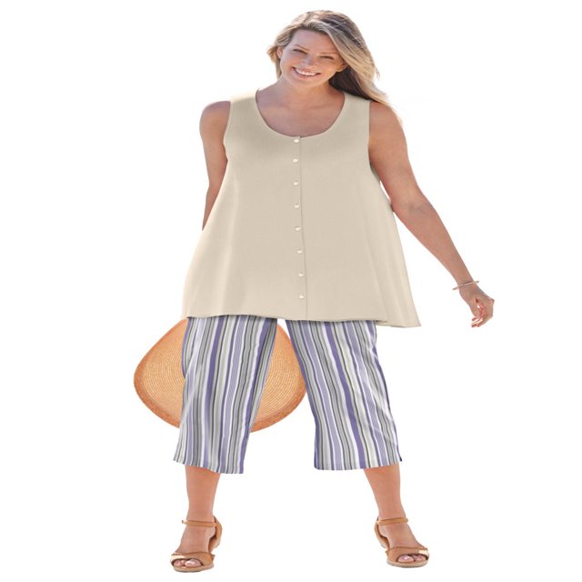 CHOK Women‘s Plus Size Button-Front Linen Tank - 22/24 Natural Khaki Stripe