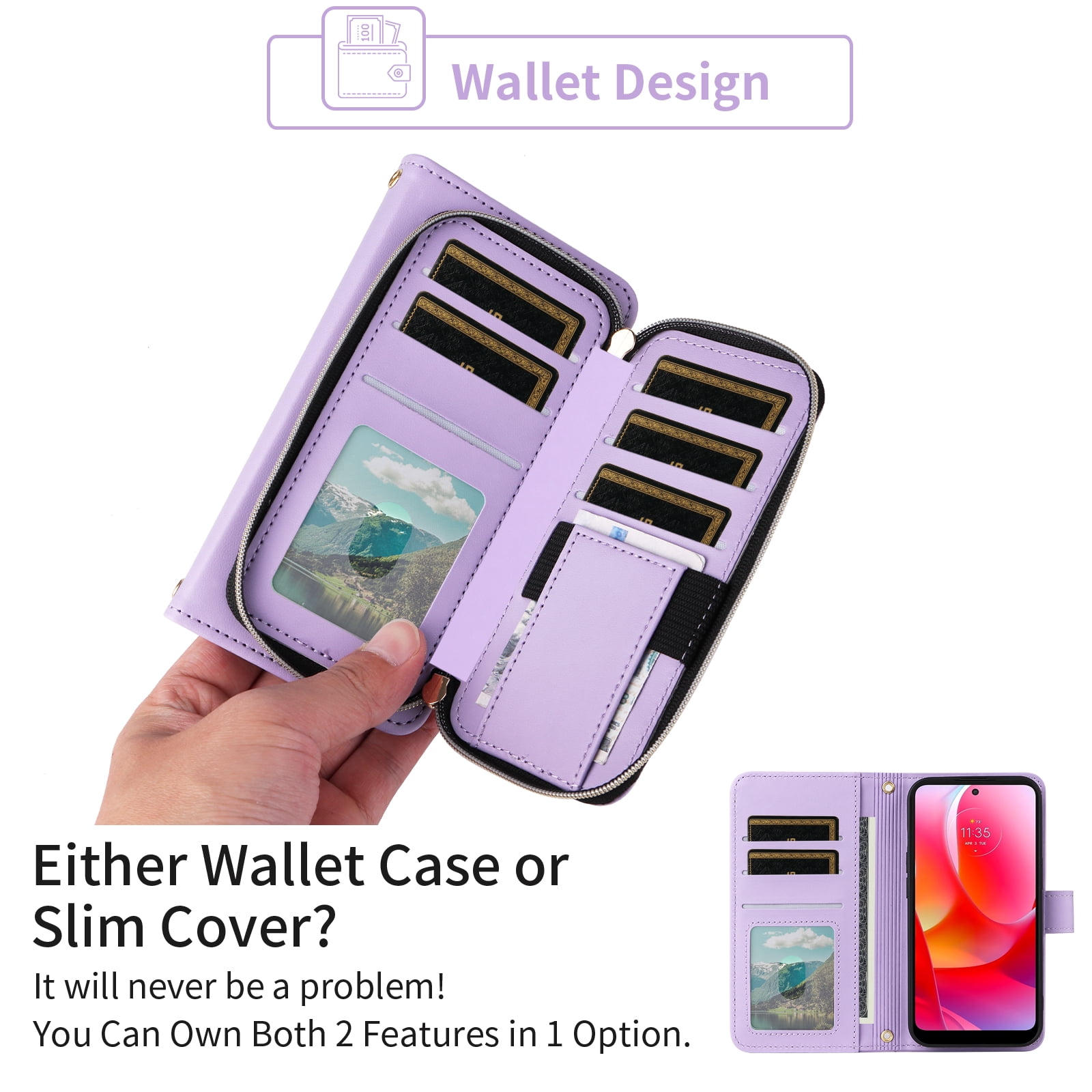 Furiet Argyle Wallet Case for Motorola Moto G Power 2022/MotoG Play 2023/G Pure 2021 with Wrist/Shoulder Strap Zipper Purse Slots Stand Phone Cover for XT2165DL XT2163DL XT2165-5 XT2271-5 Purple