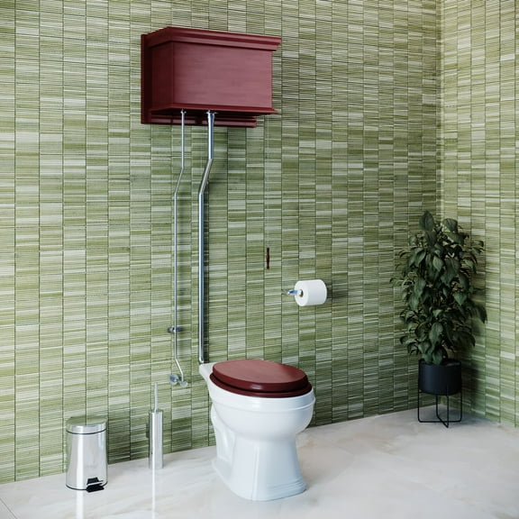 Cherry Wood High Tank Pull Chain Toilet White Elongated Stainless Steel L-Pipe Renovator's Supply