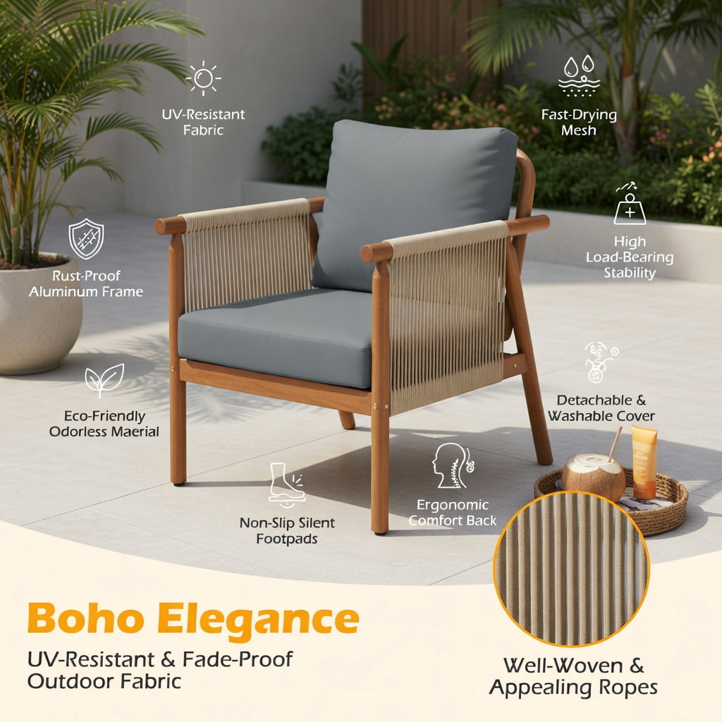 Hommoo Acacia Wood Patio Chair with Woven Rope Armrests, Ergonomic Outdoor Dining Chair for Backyard, Balcony, Porch, Gray