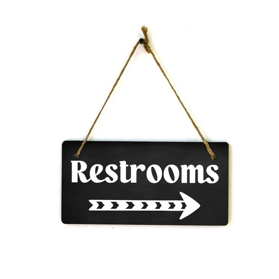 Restrooms Right Arrow 5x10 Hanging Plus Wall or Door Sign | Bathroom Decor