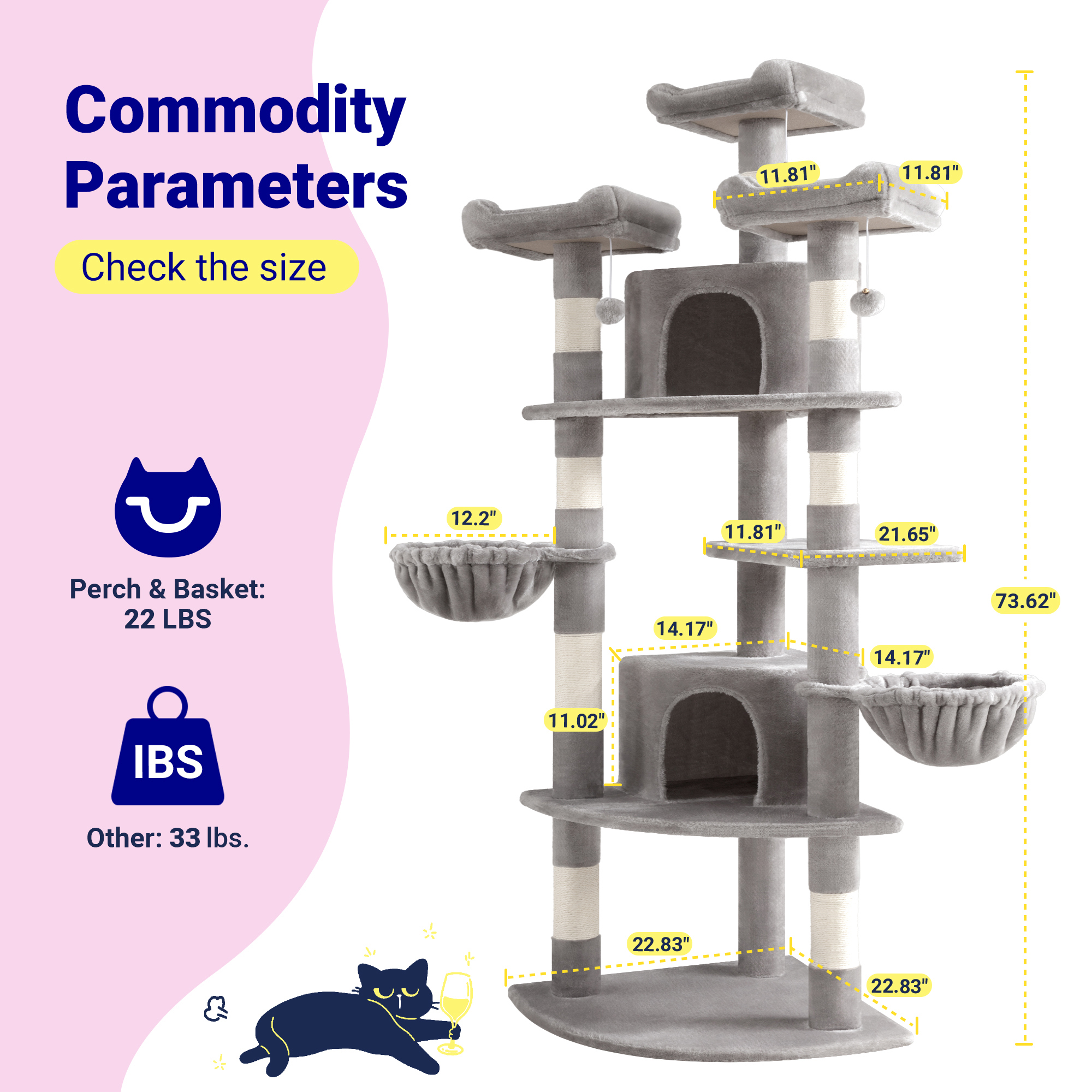 Allewie 73in Fan-Shaped Space-Saving Corner Cat Tower, Multi-Level Tall Cat Tree for Indoor Kitties, Cozy Baskets, Condos, House, Perches, Sisal Scratching Posts, Grey