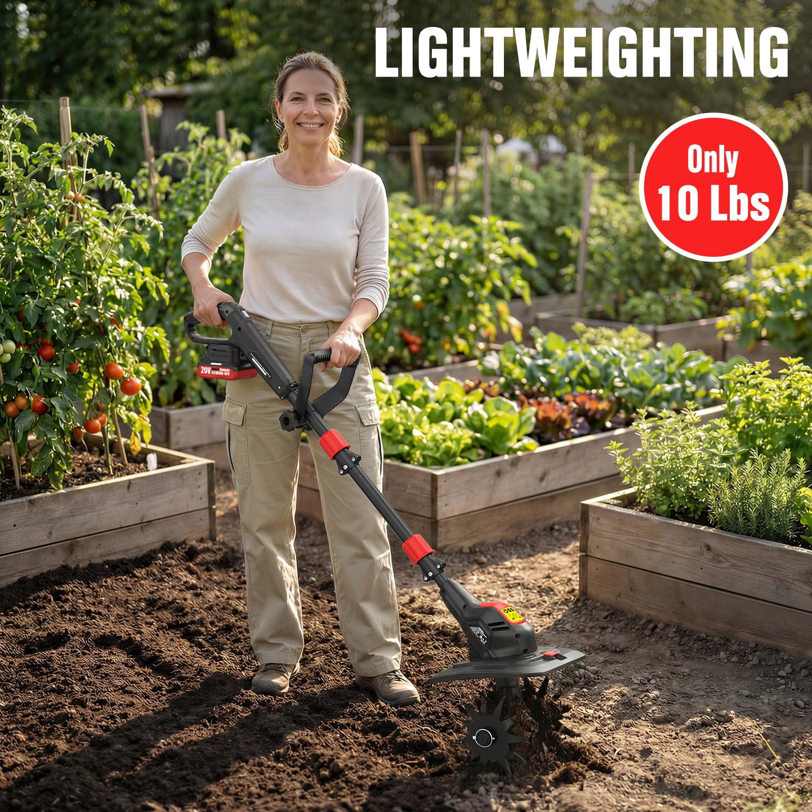 EWORK 20V Cordless Tiller Cultivator with 2 × 2.0Ah Batteries & Fast Charger, 9" Width 7" Depth Electric Garden Rototiller for Yard Lawn Soil Cultivation