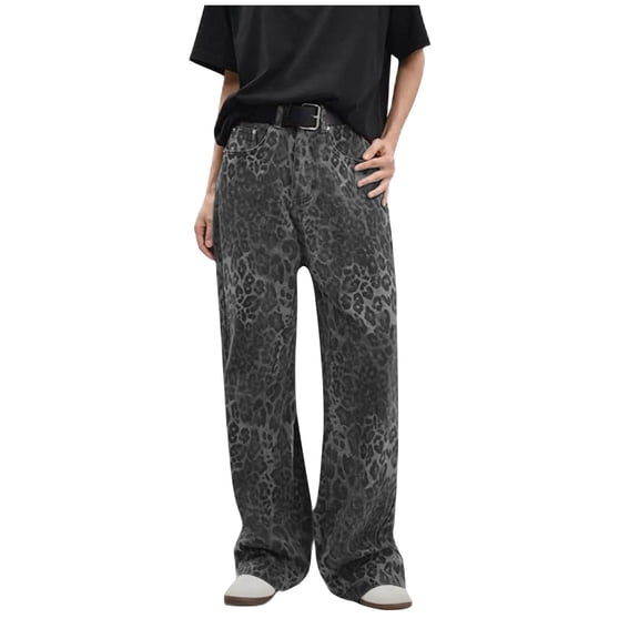 ZToonmas Women Autumn High Waist Leopard Print Loose Wide Leg Denim Jeans Straight Baggy Fall Street Casual Full Length Pants
