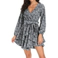 thumbnail image 4 of Aiyino Women's Dress Deep V-Neck Long Sleeve Waist Tie Ruffle Mini Swing Skater Dresses,Floral Black, 4 of 7