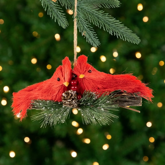 Northlight 8" Double Cardinal and Pine Needle Branch Hanging Christmas Ornament