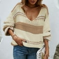 thumbnail image 4 of IROINNID Womens Sweater V-Neck Pullover Sweater Stripes Casual Mid-Length Long Sleeve Sweater Coat Top Patchwork Coat, 4 of 6