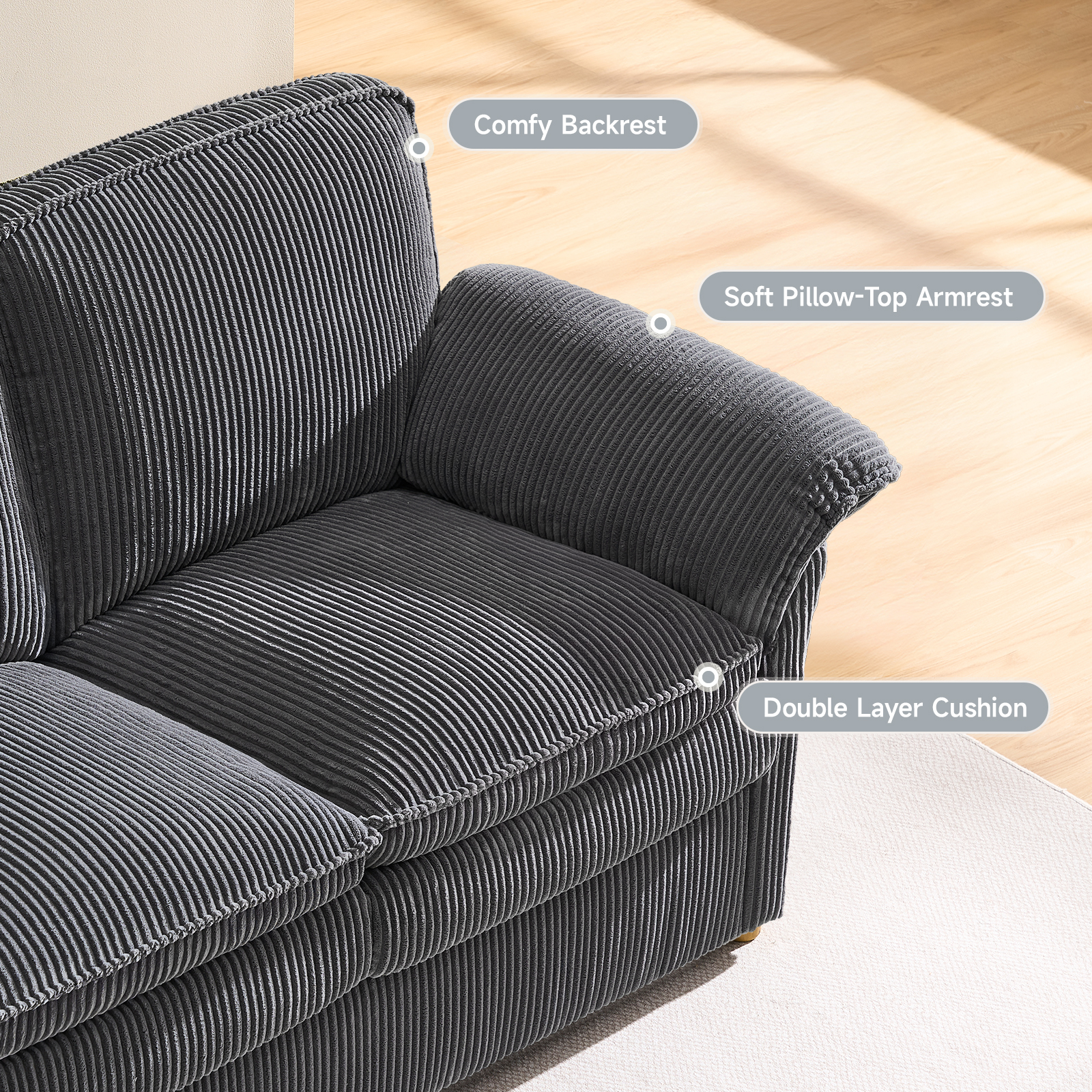 86.6" Corduroy Couches, Comfy 3 Seater Sofa with Pillow Top Armrest & Dual-Layer Cushions for Living Room Bedroom, Grey