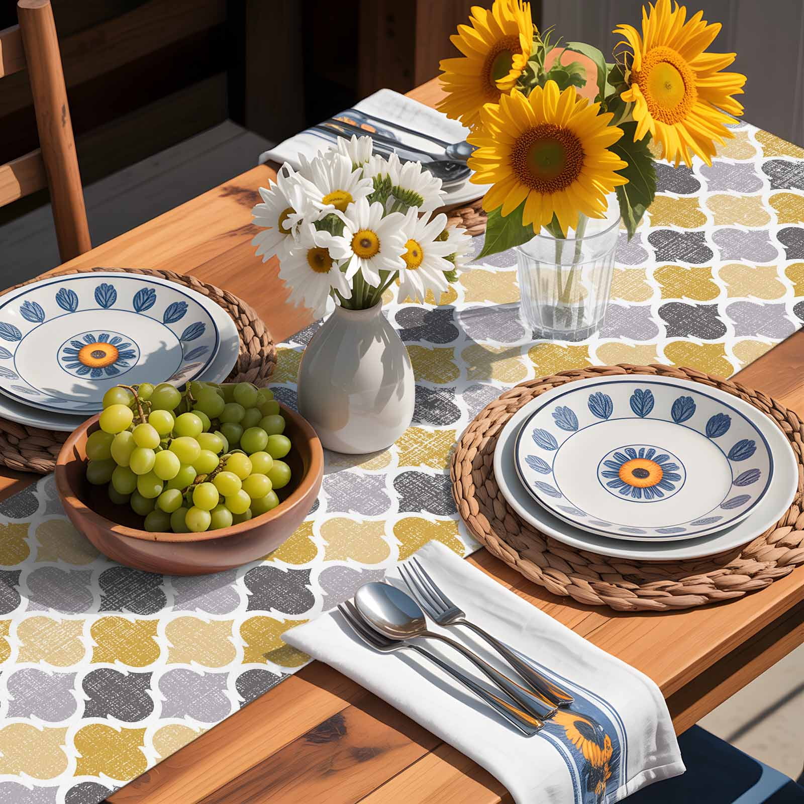 Yellow Grey Retro Moroccan Pattern Table Runner 90 Inches Long, Abstract Geometric Art Table Runners Tabletop Scarf Kitchen Dining Tables Decoration for Home Party Indoor Outdoor