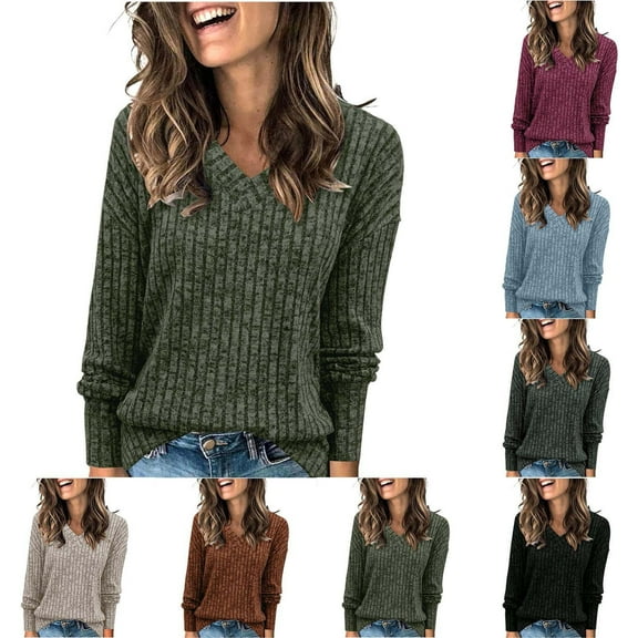 Jinhomg Women's Knitted Shirts Striped Color Block Long Sleeve Round Neck Tops Casual Loose Pullover Blouse Army Green,S