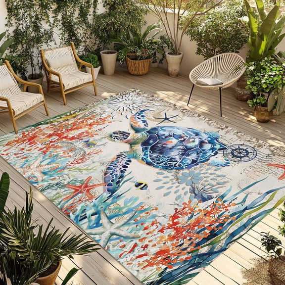 Fsddascl Coastal Sea Turtle Outdoor Rug for Patio/Deck/Porch, Non-Slip Large Area Rug 5 x 8 Ft, Rustic Vintage Nautical Starfish Coral Indoor Outdoor Rugs Washable Area Rugs, Camping Rug Carpet