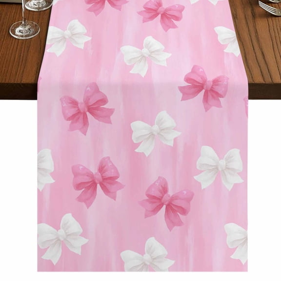 Table Runners 72 Inches Long Dress Scarves, Pink White Bow Farmhouse Kitchen/Dining Table Runner, Coffee Tablerunners, Modern Art Watercolor Bowknot 14x72 Inch