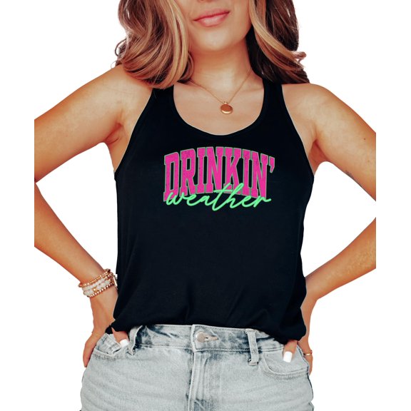 Drinkin Weather Tank Top for Women Cute Summer Drinking Sleeveless Tee for Adults Black Tank Top Medium